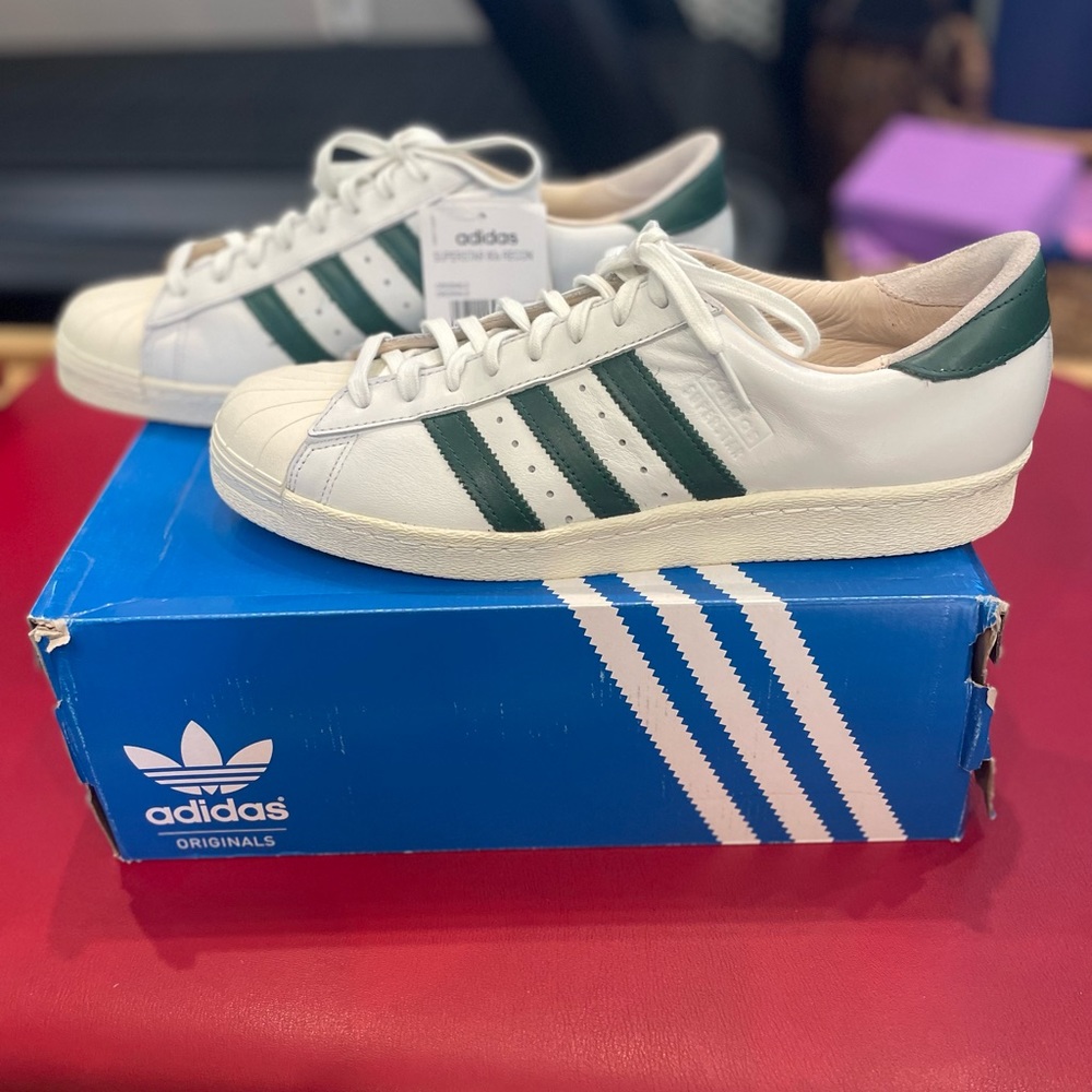 Adidas Superstar 80s Recon US 12, Crystal White/Collegiate Green. Leather NIB - Picture 2 of 7